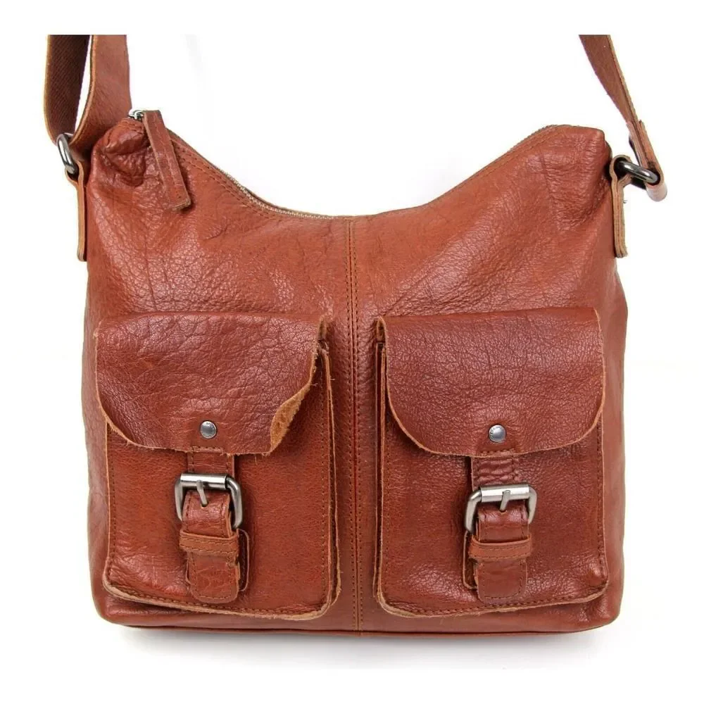 SPIKES & SPARROW BROWN GENUINE LEATHER SHOULDER BAG X-BODY ZIP TOP HANDBAG PURSE